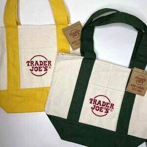 LOT Set of 2 — Trader Joe’s Canvas MINI Tote Bag w/ Pockets — Yellow + Green NEW